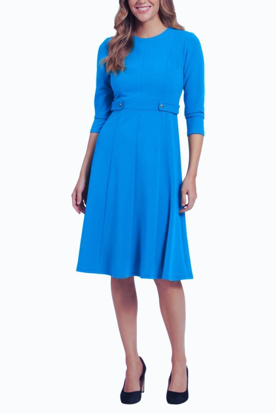 NEW LONDON TIMES 3/4 sleeve button-waist a-line dress in ocean blue